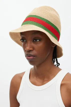 Beige Green & Red Straw Web Bucket Hat
