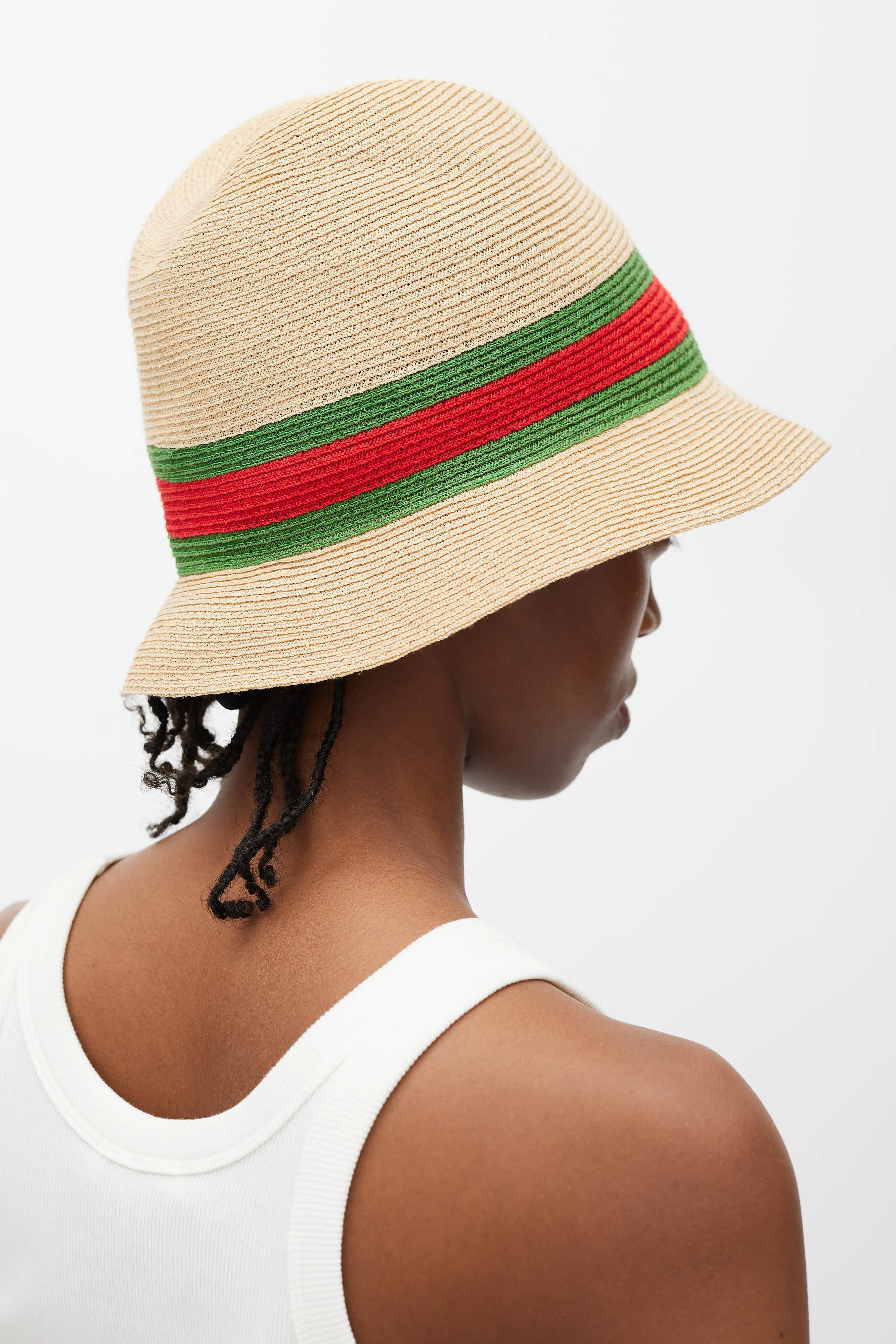 Beige Green & Red Straw Web Bucket Hat