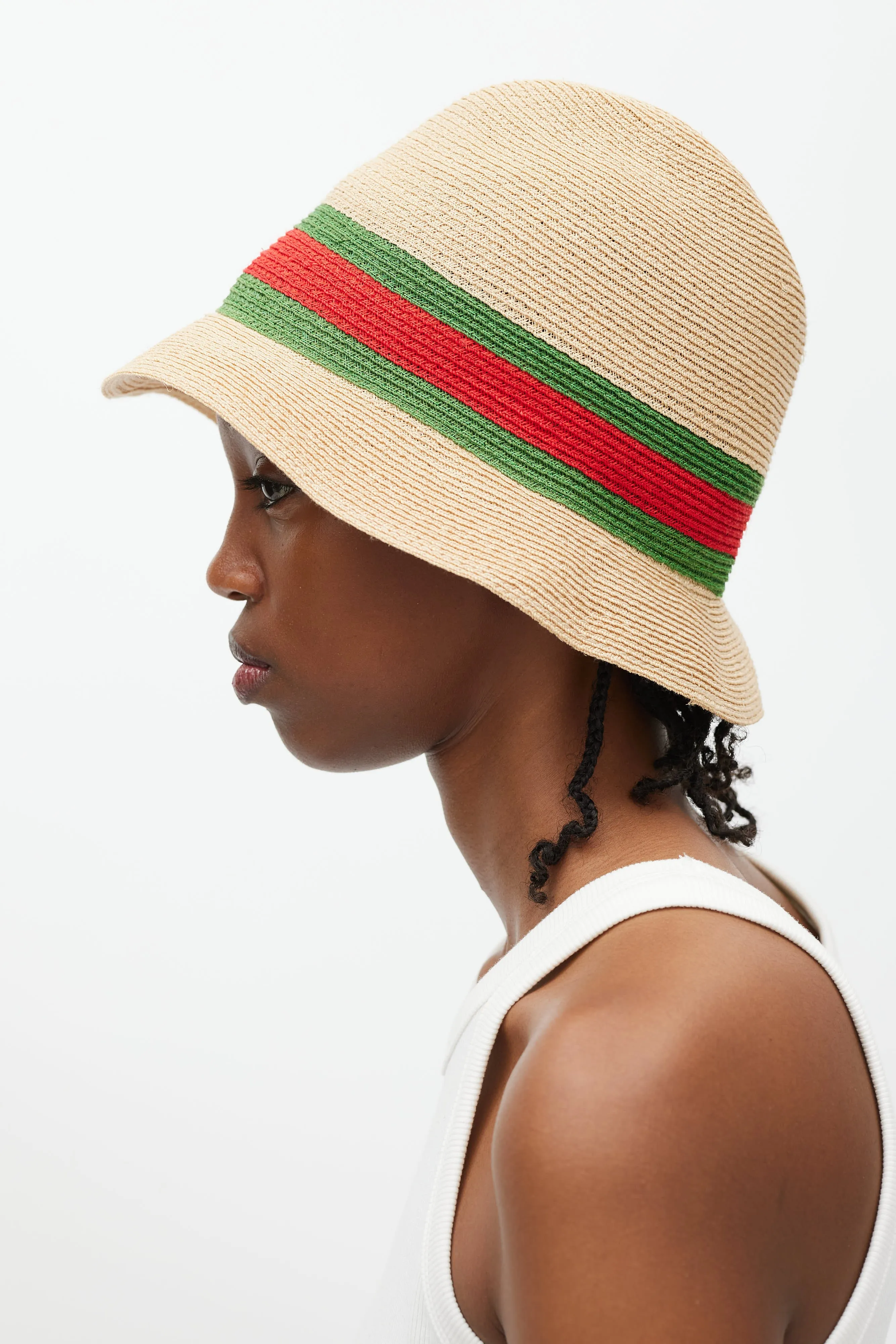 Beige Green & Red Straw Web Bucket Hat