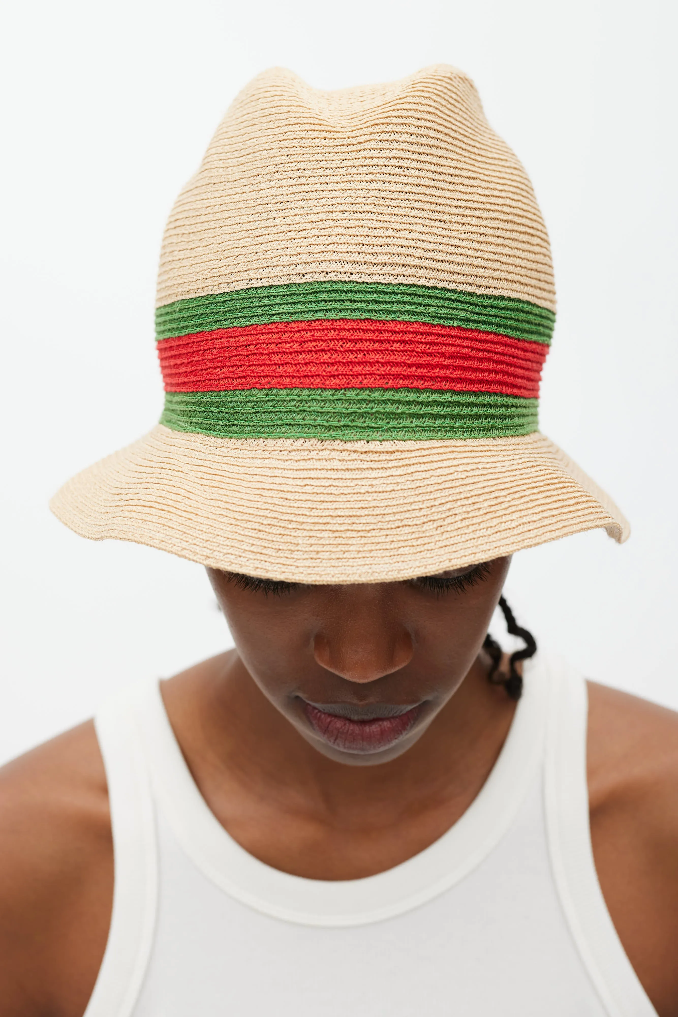 Beige Green & Red Straw Web Bucket Hat