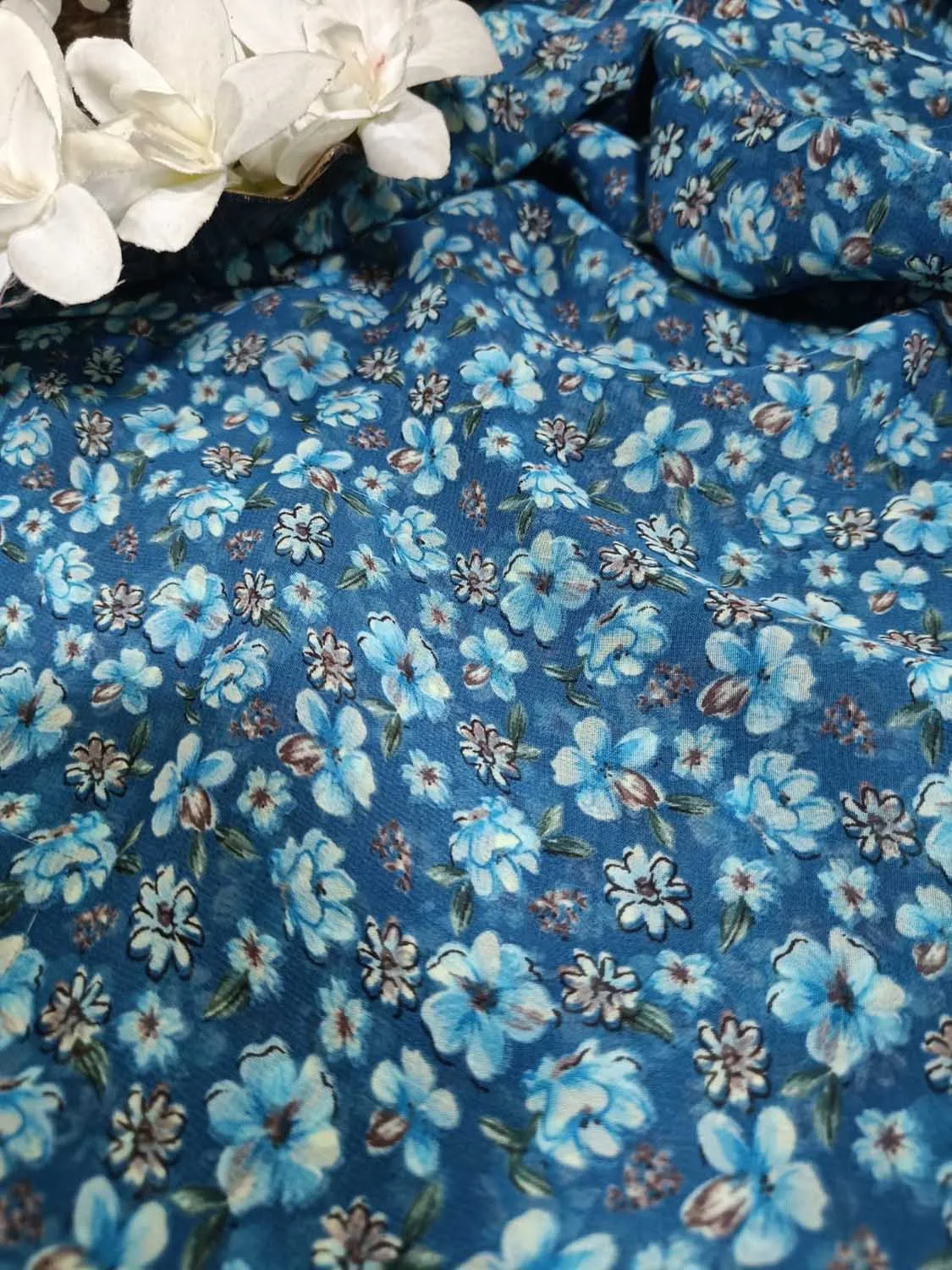 Blue Georgette Fabric with Digital Print ( 1 Mtr )