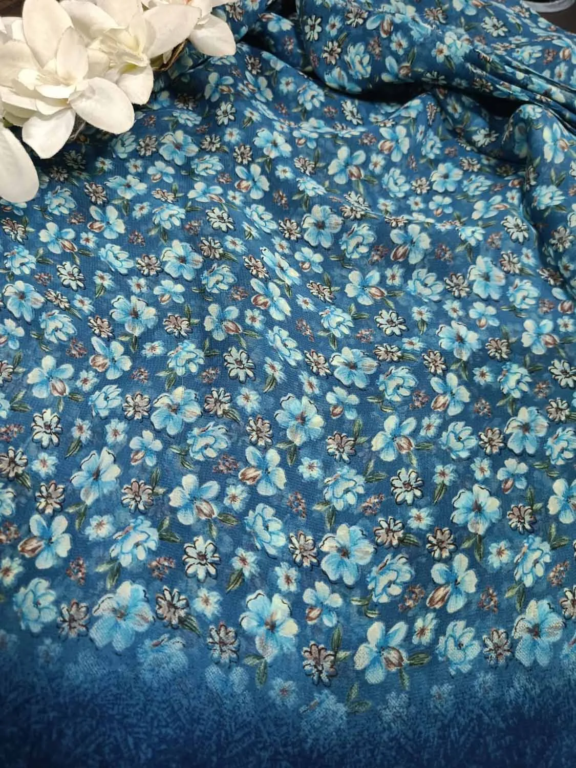 Blue Georgette Fabric with Digital Print ( 1 Mtr )