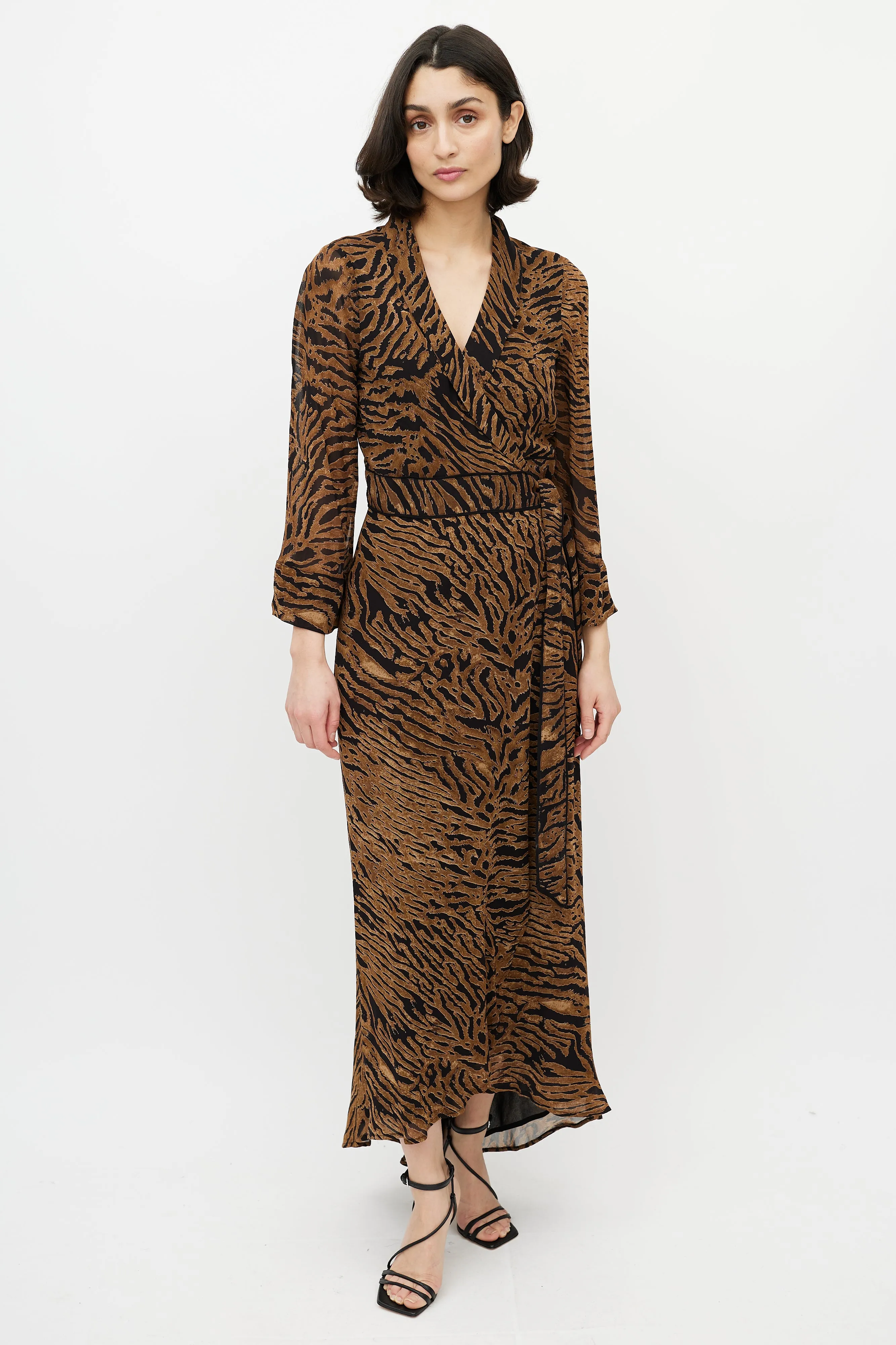 Brown & Black Printed Maxi Wrap Dress