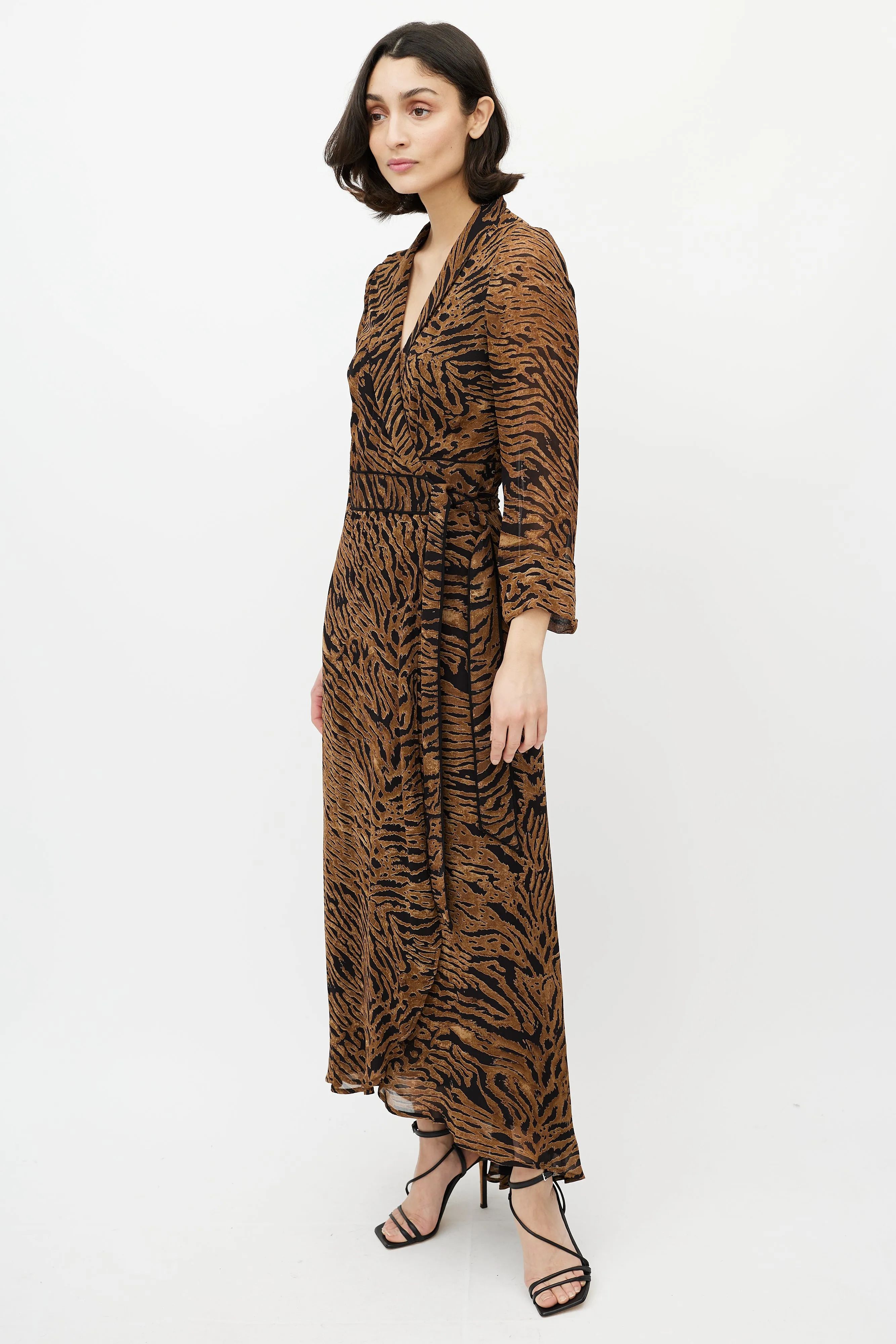 Brown & Black Printed Maxi Wrap Dress