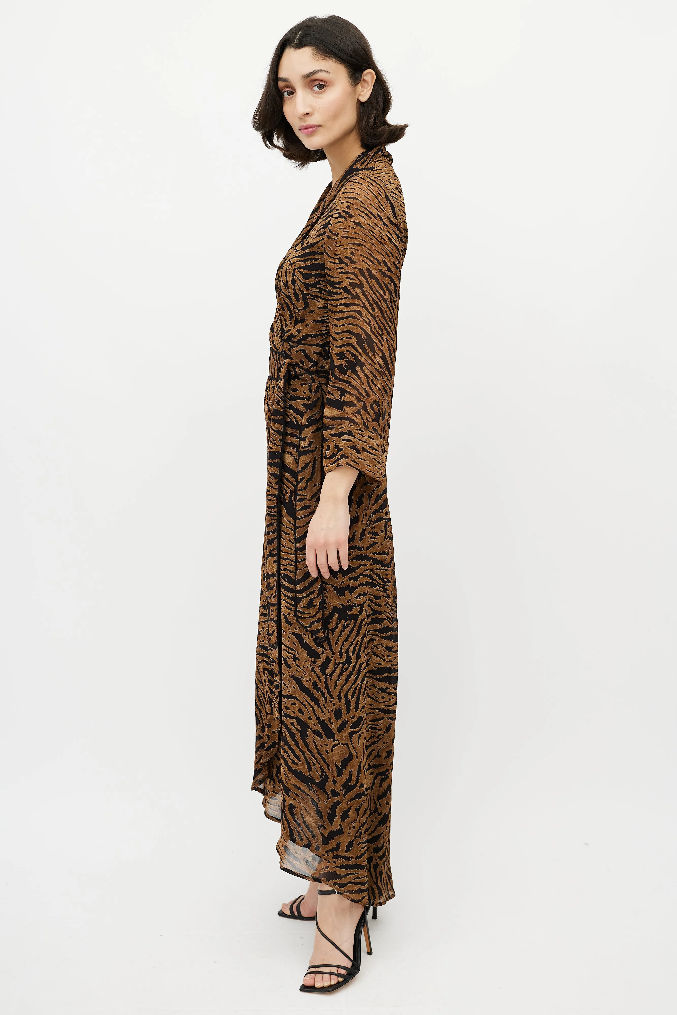 Brown & Black Printed Maxi Wrap Dress