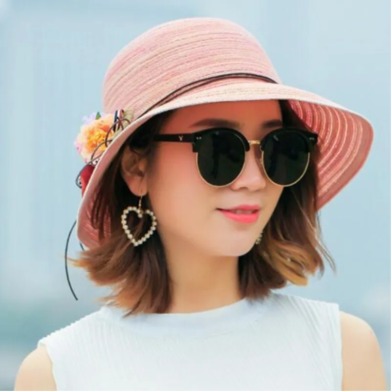 Fashion women  Hat Lady medium  Brim Floppy Summer Beach Sun Straw Hat Cap with flower Free Shipping