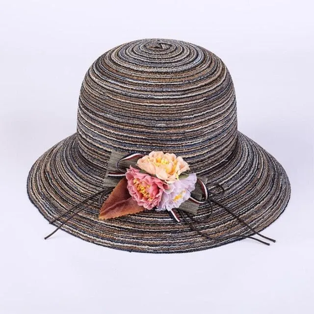 Fashion women  Hat Lady medium  Brim Floppy Summer Beach Sun Straw Hat Cap with flower Free Shipping