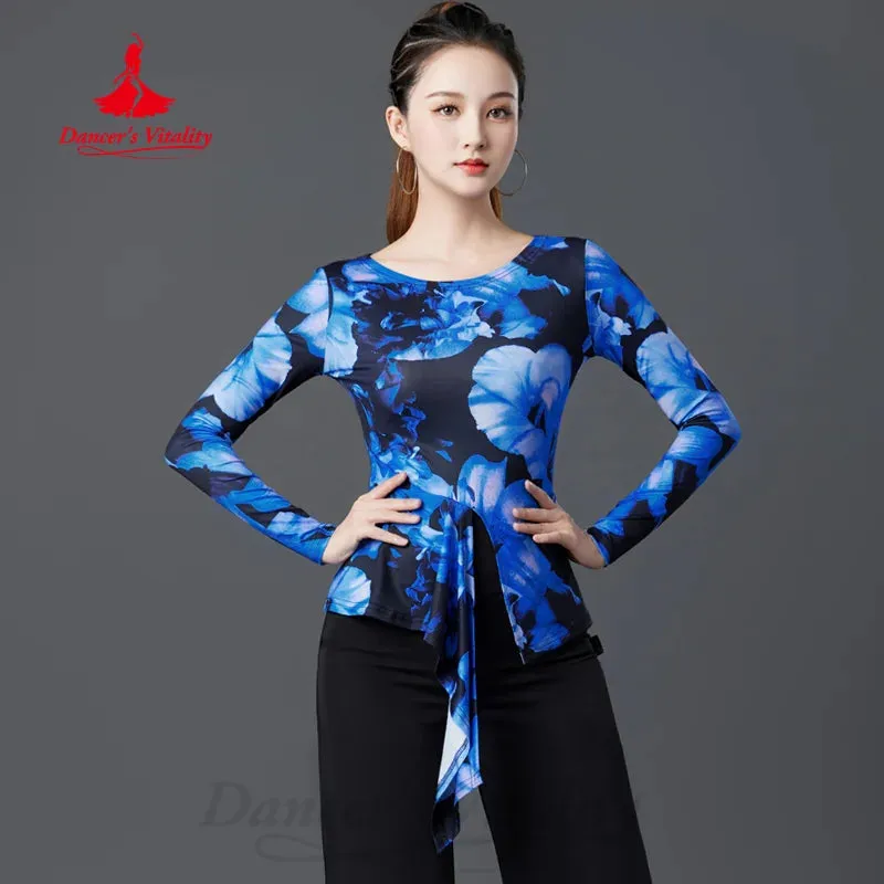 Latin Dance Modern Dancing Practice Clothes Women's Customized High Grade Printed Long Sleeved Top Tango Samba Training Clothing
