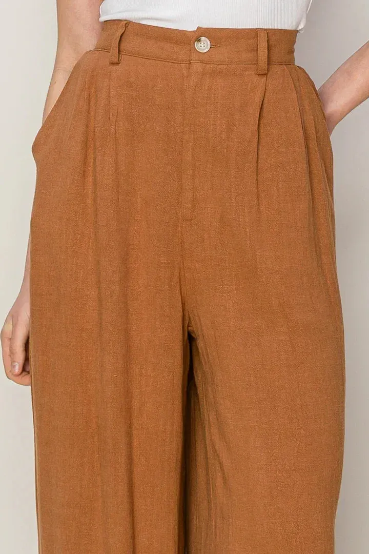 LINEN BLEND PLEATED WIDE LEG PANTS
