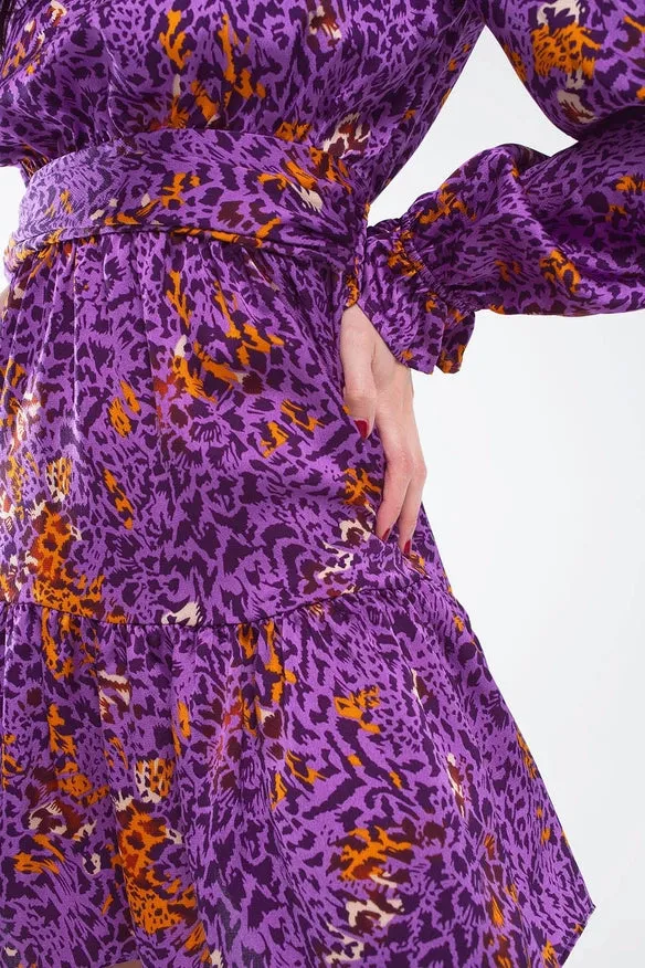 Short Printed Dress with Tiered Skirt and Ruffled Cuff in Pu