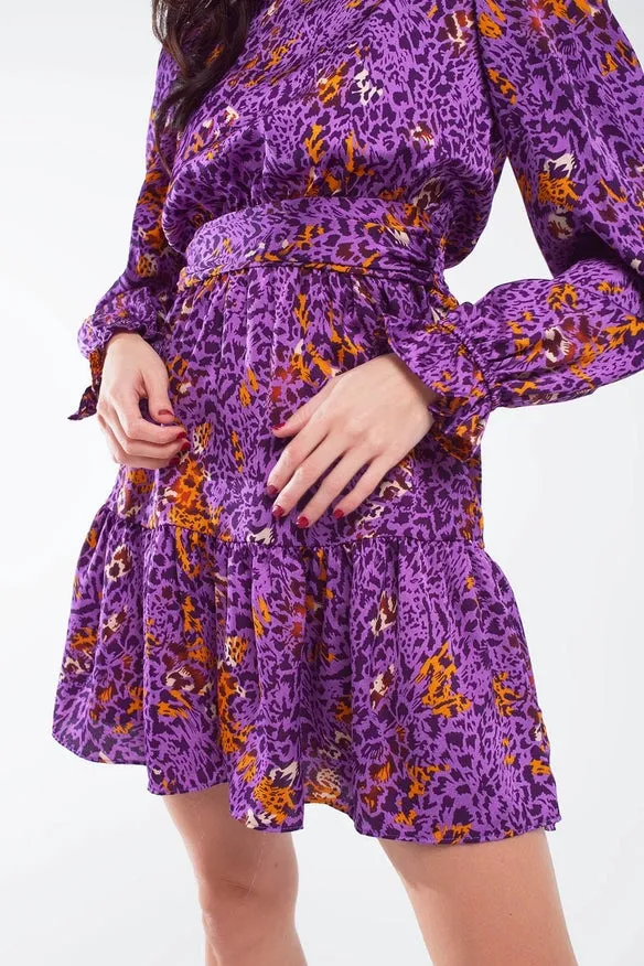 Short Printed Dress with Tiered Skirt and Ruffled Cuff in Pu