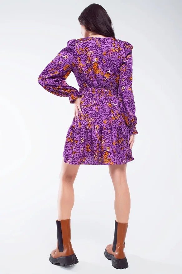 Short Printed Dress with Tiered Skirt and Ruffled Cuff in Pu