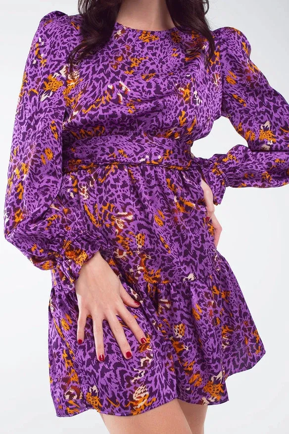 Short Printed Dress with Tiered Skirt and Ruffled Cuff in Pu
