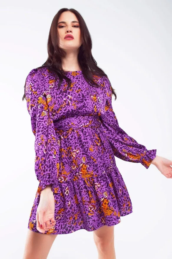 Short Printed Dress with Tiered Skirt and Ruffled Cuff in Pu