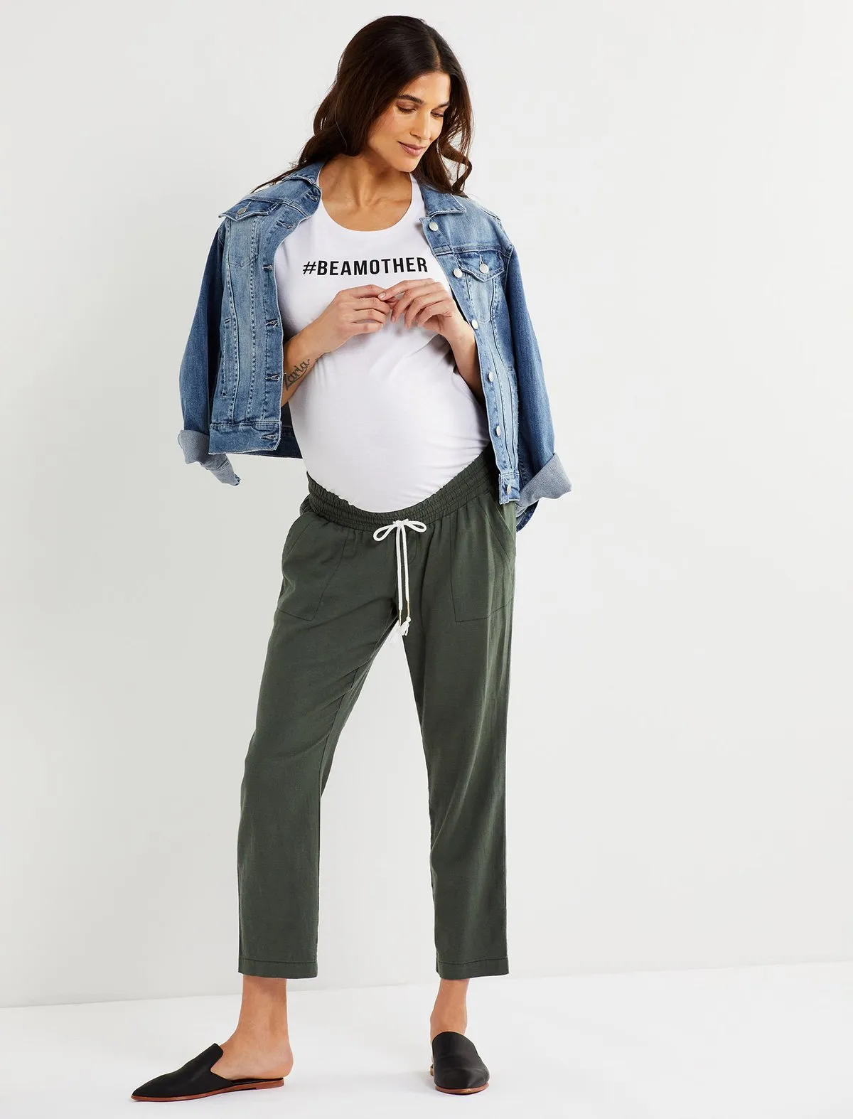 Under Belly Linen Straight Leg Maternity Crop Pants in Thyme