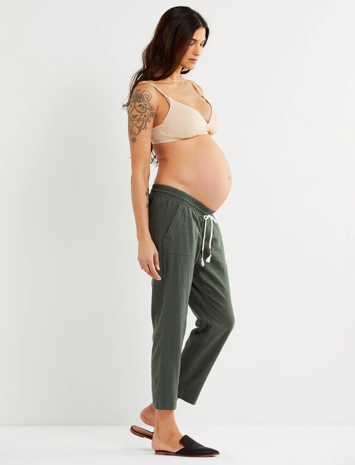 Under Belly Linen Straight Leg Maternity Crop Pants in Thyme