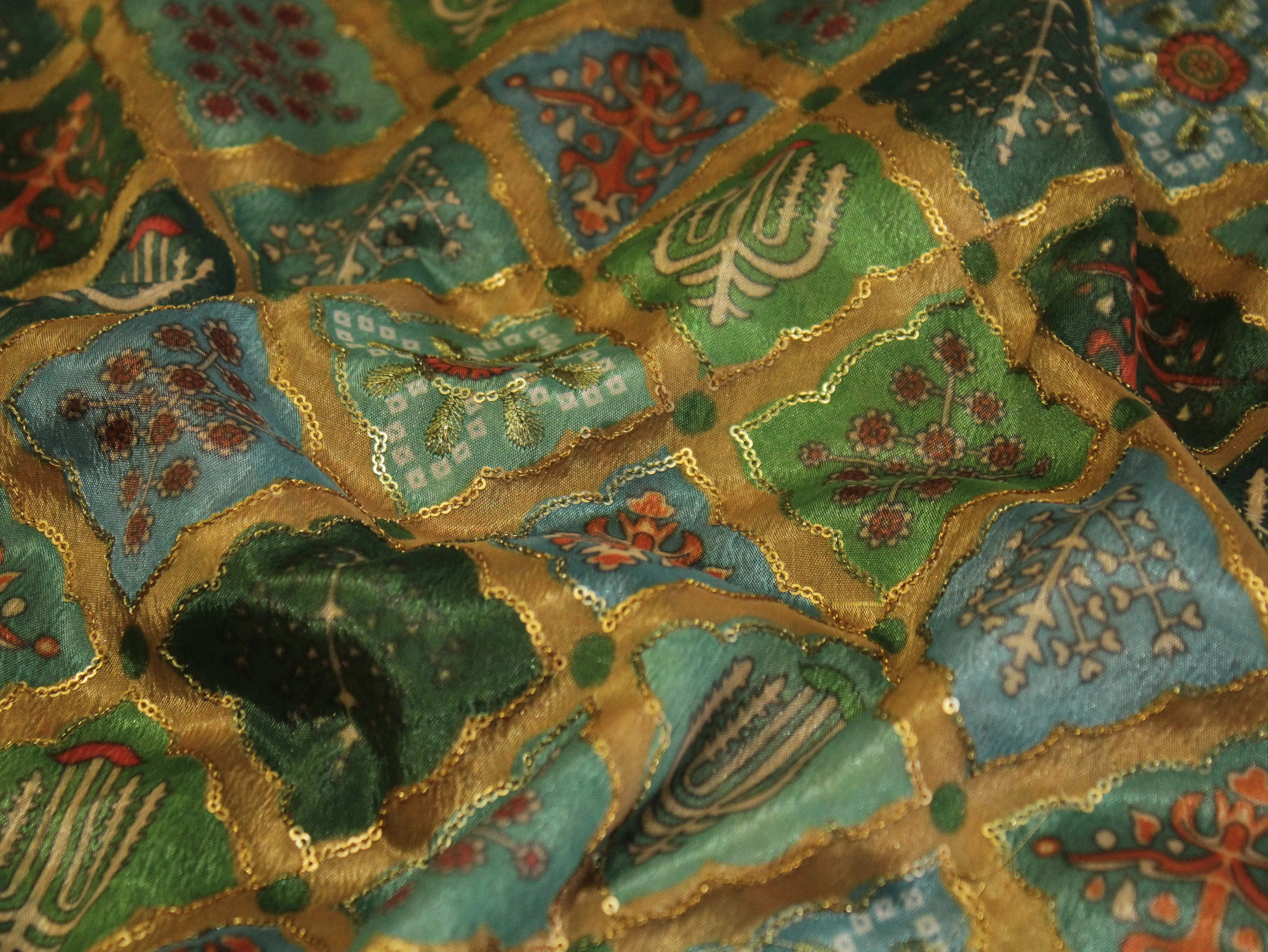 Vintage - Viscose Chinon Silk with Digital Print & Sequin Work Fabric - Green