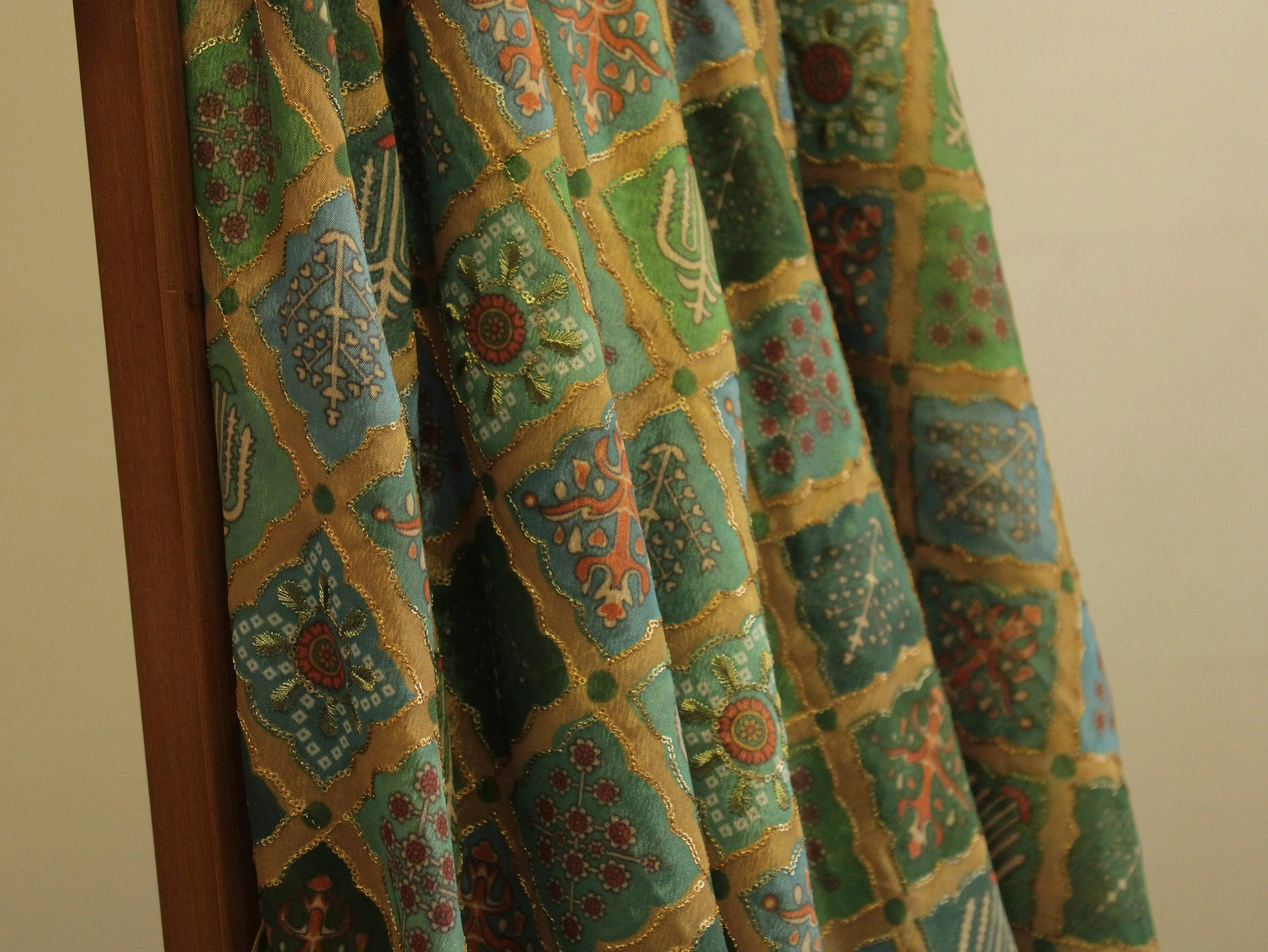 Vintage - Viscose Chinon Silk with Digital Print & Sequin Work Fabric - Green