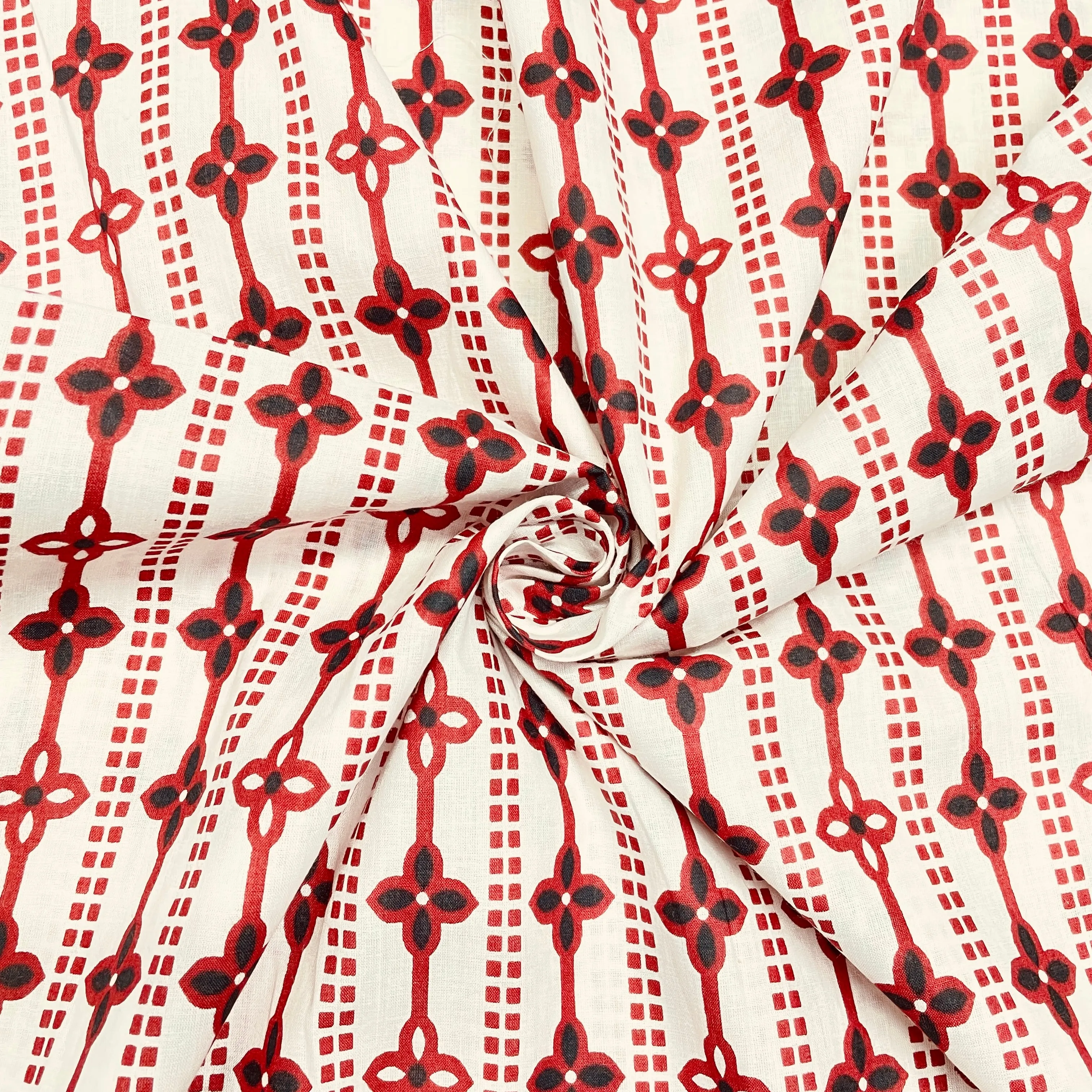 White & Red Geometrical Print Cotton Fabric
